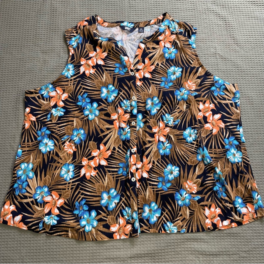 Lands End Crinkle Gauze Tropical Tank Top Blouse 2X 20W-22W Button Front Knit